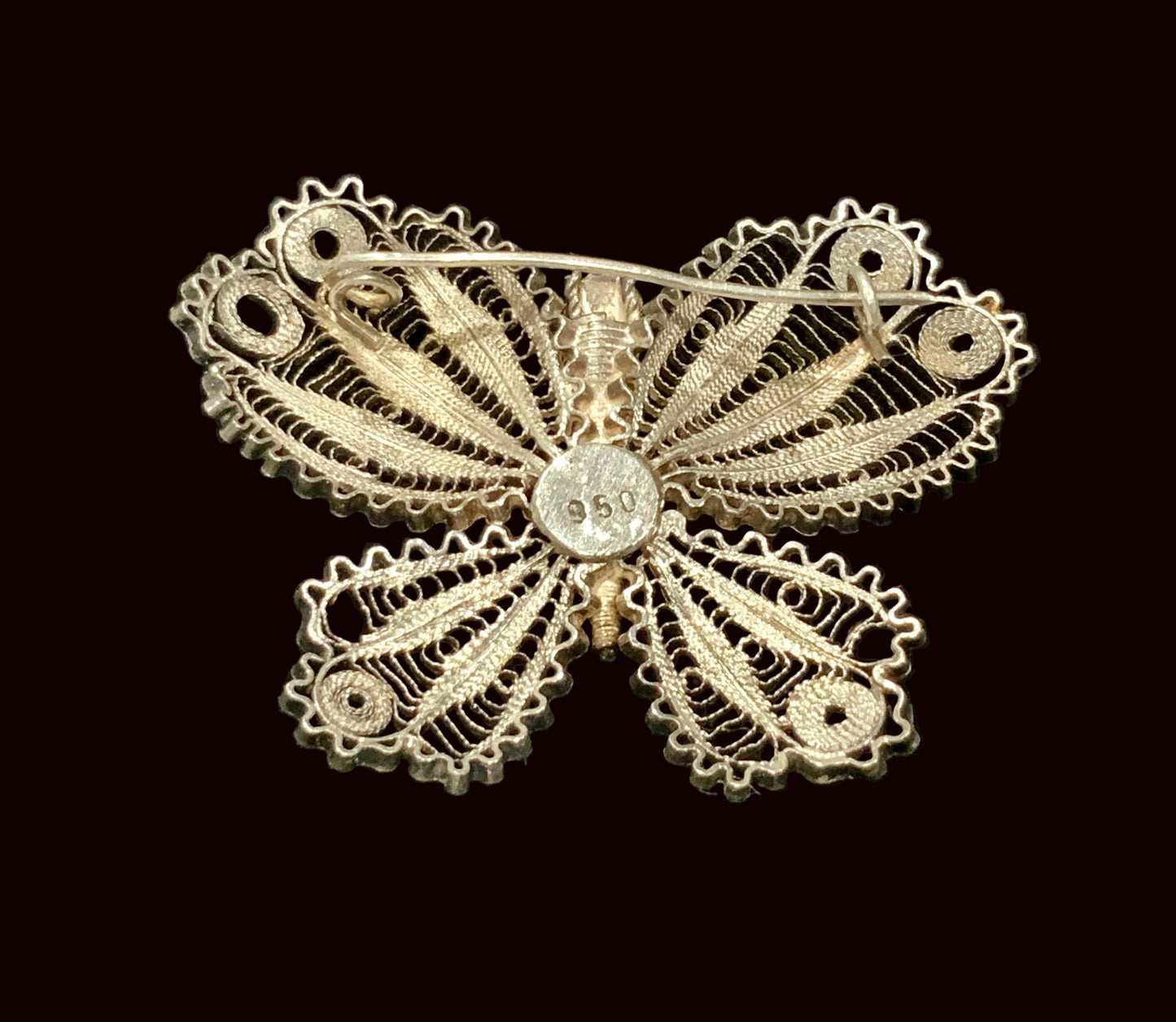 Antique Filigree 950 Sterling Silver Turquoise Butterfly Brooch Pin 5cm