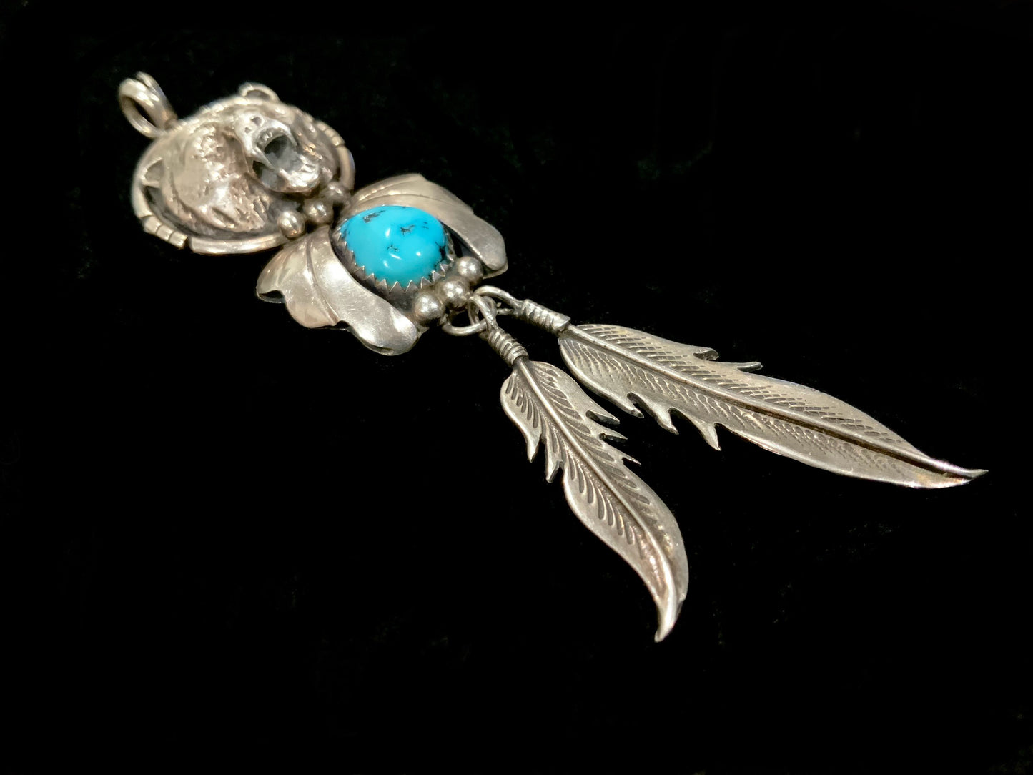 Navajo 925 Sterling Silver Turquoise Bear & Feather Pendant Necklace 9cm Signed