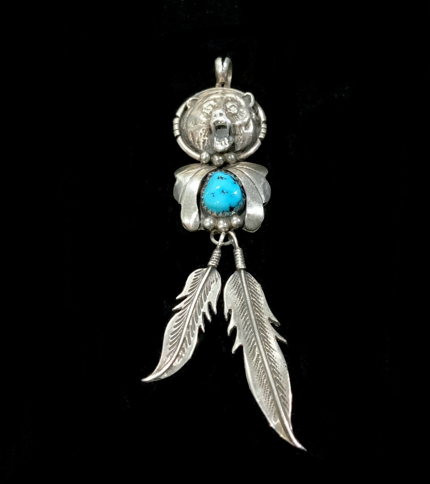 Navajo 925 Sterling Silver Turquoise Bear & Feather Pendant Necklace 9cm Signed