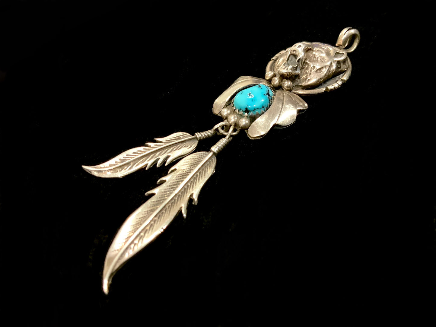 Navajo 925 Sterling Silver Turquoise Bear & Feather Pendant Necklace 9cm Signed