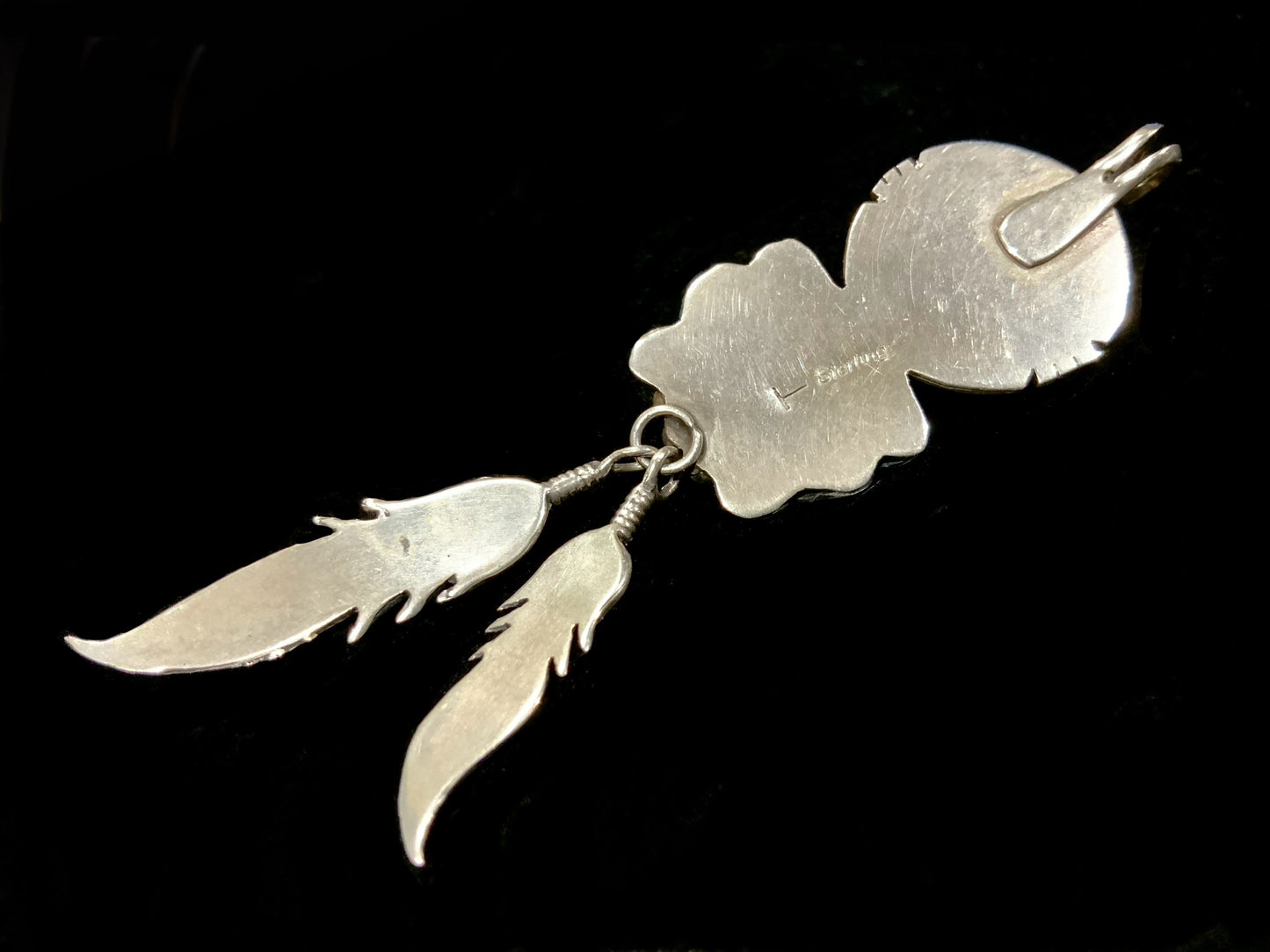 Navajo 925 Sterling Silver Turquoise Bear & Feather Pendant Necklace 9cm Signed