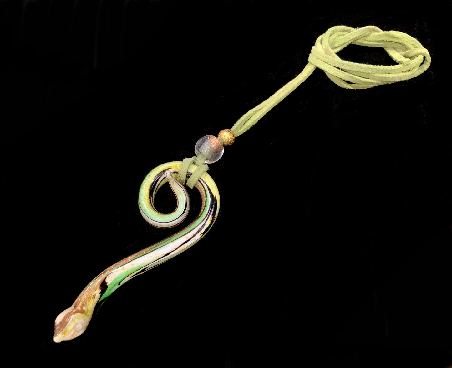 Art Glass Large 10cm Green & Gold Snake Pendant Necklace Murano Italy