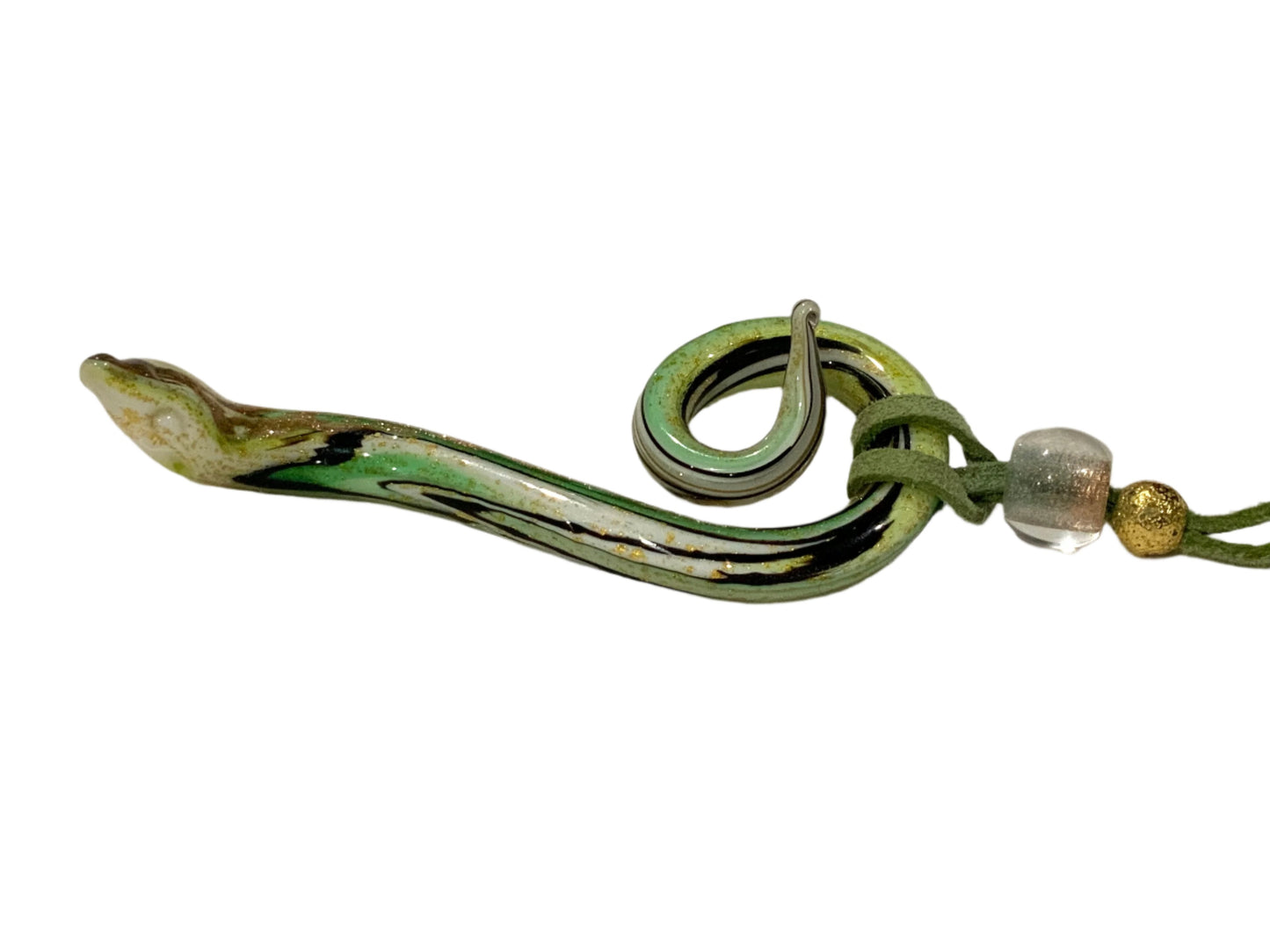 Art Glass Large 10cm Green & Gold Snake Pendant Necklace Murano Italy