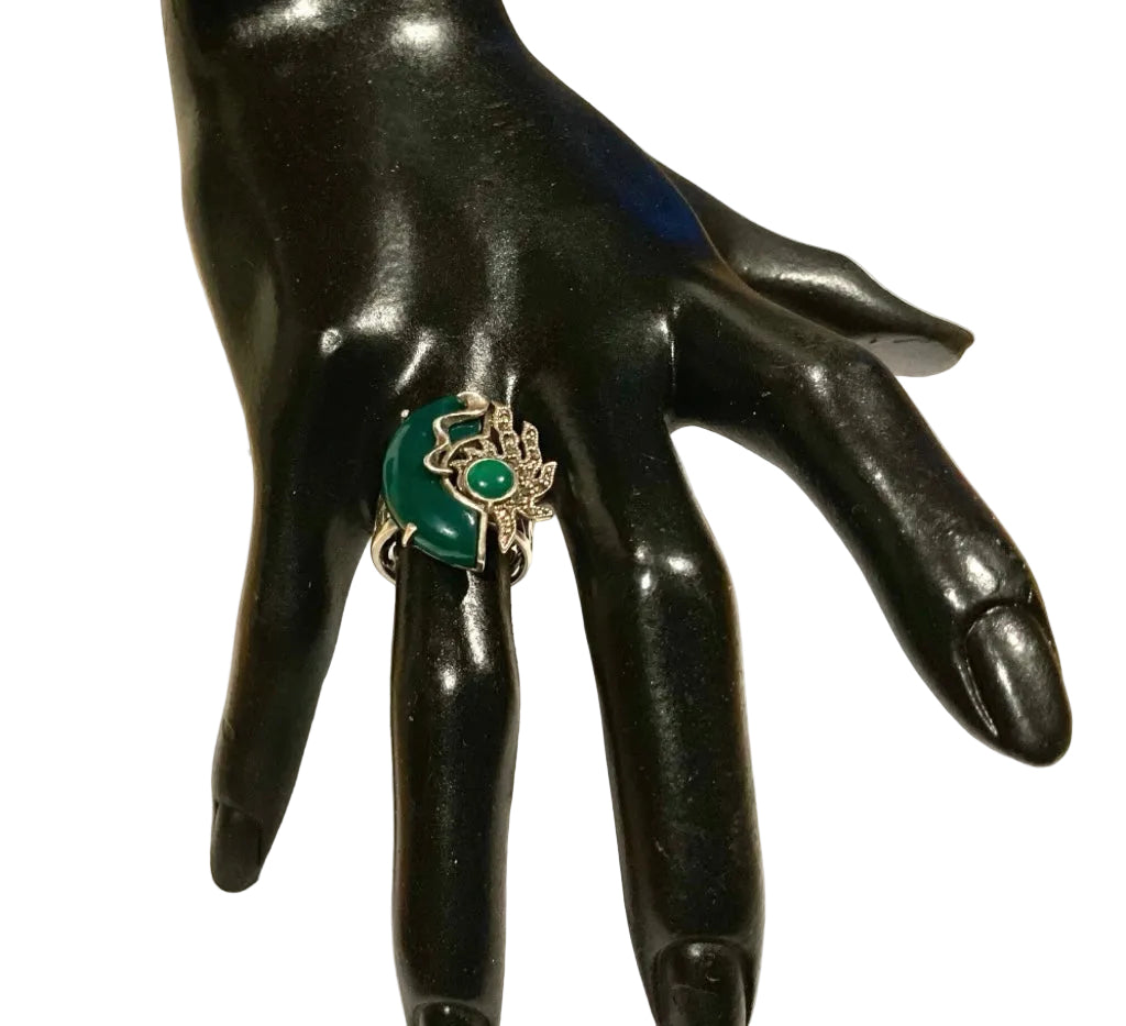 925 Sterling Silver Chrysoprase Statement Cuff Ring Modernist Abstract