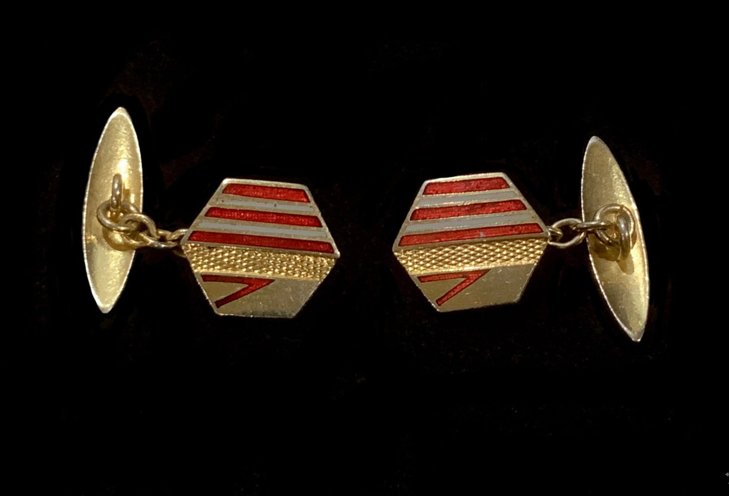 Art Deco Geometric Gold Gilt Red & White Enamel Cufflinks