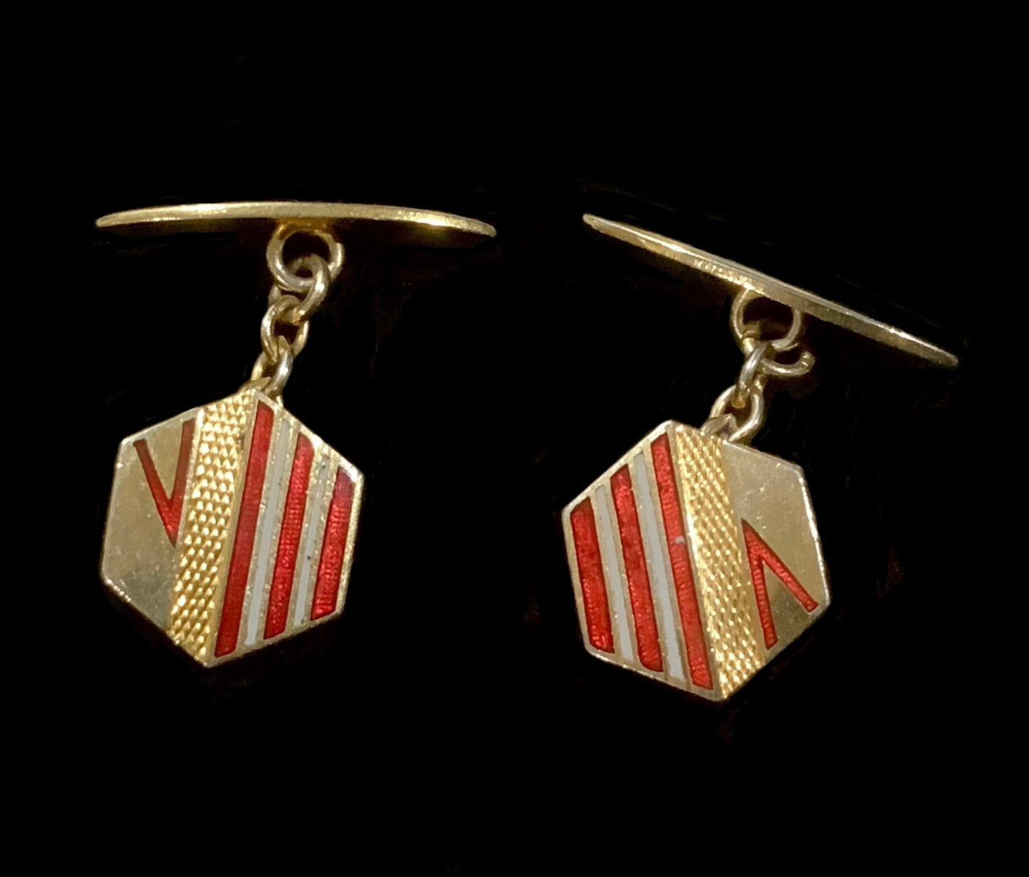 Art Deco Geometric Gold Gilt Red & White Enamel Cufflinks