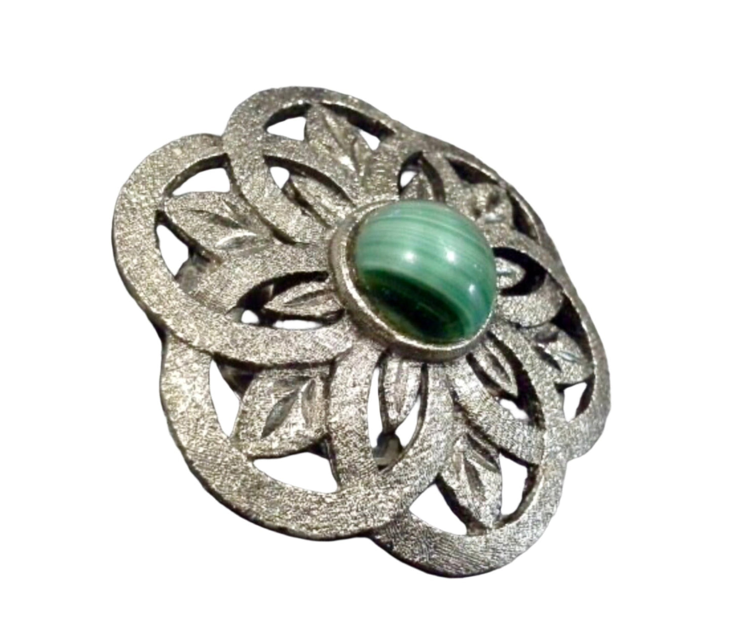 Silver Pewter Malachite Green Glass Cabochon Thistle Dress Clip Stamped SR-928