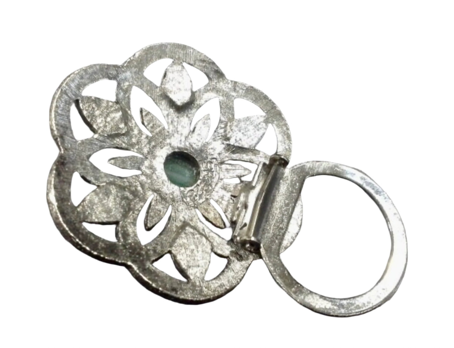 Silver Pewter Malachite Green Glass Cabochon Thistle Dress Clip Stamped SR-928