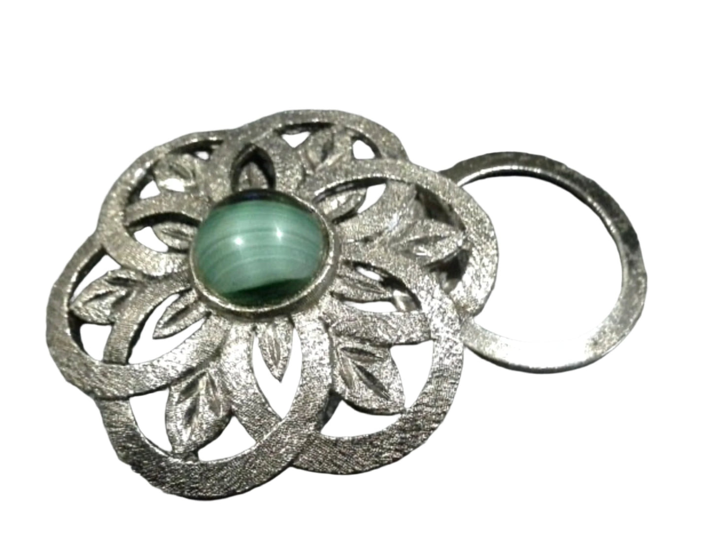 Silver Pewter Malachite Green Glass Cabochon Thistle Dress Clip Stamped SR-928