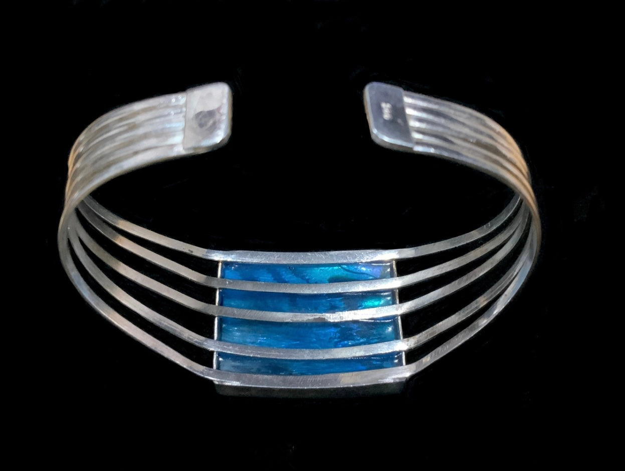 Blue Green Iridescent Paua Shell Sterling Silver Cuff Bracelet