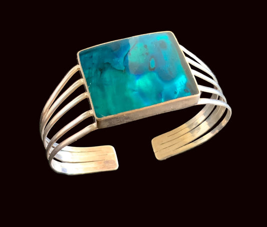 Blue Green Iridescent Paua Shell Sterling Silver Cuff Bracelet
