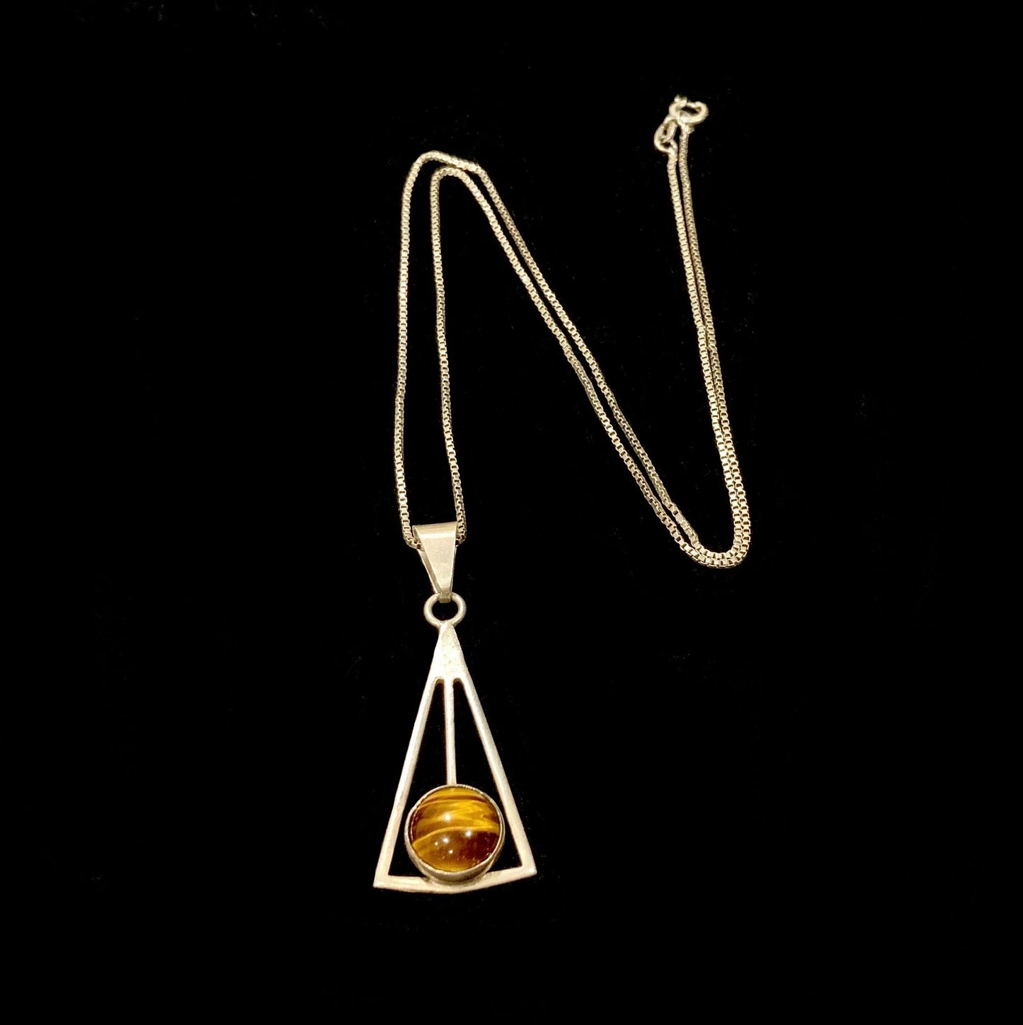 925 Sterling Silver & Tigers Eye Pendant Necklace Modernist Israel