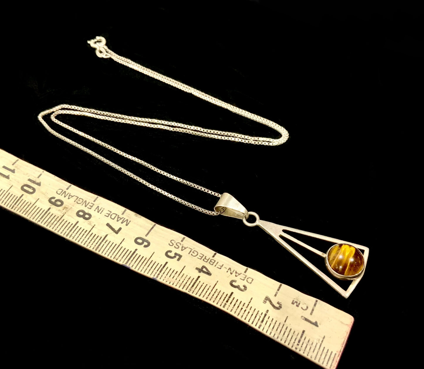 925 Sterling Silver & Tigers Eye Pendant Necklace Modernist Israel