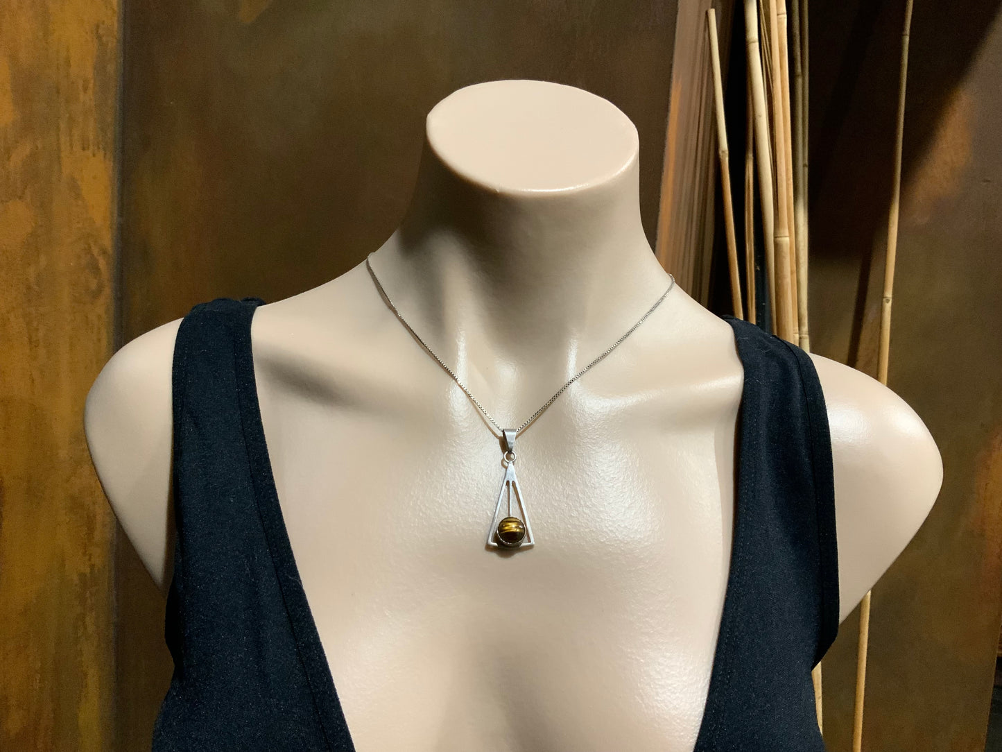 925 Sterling Silver & Tigers Eye Pendant Necklace Modernist Israel
