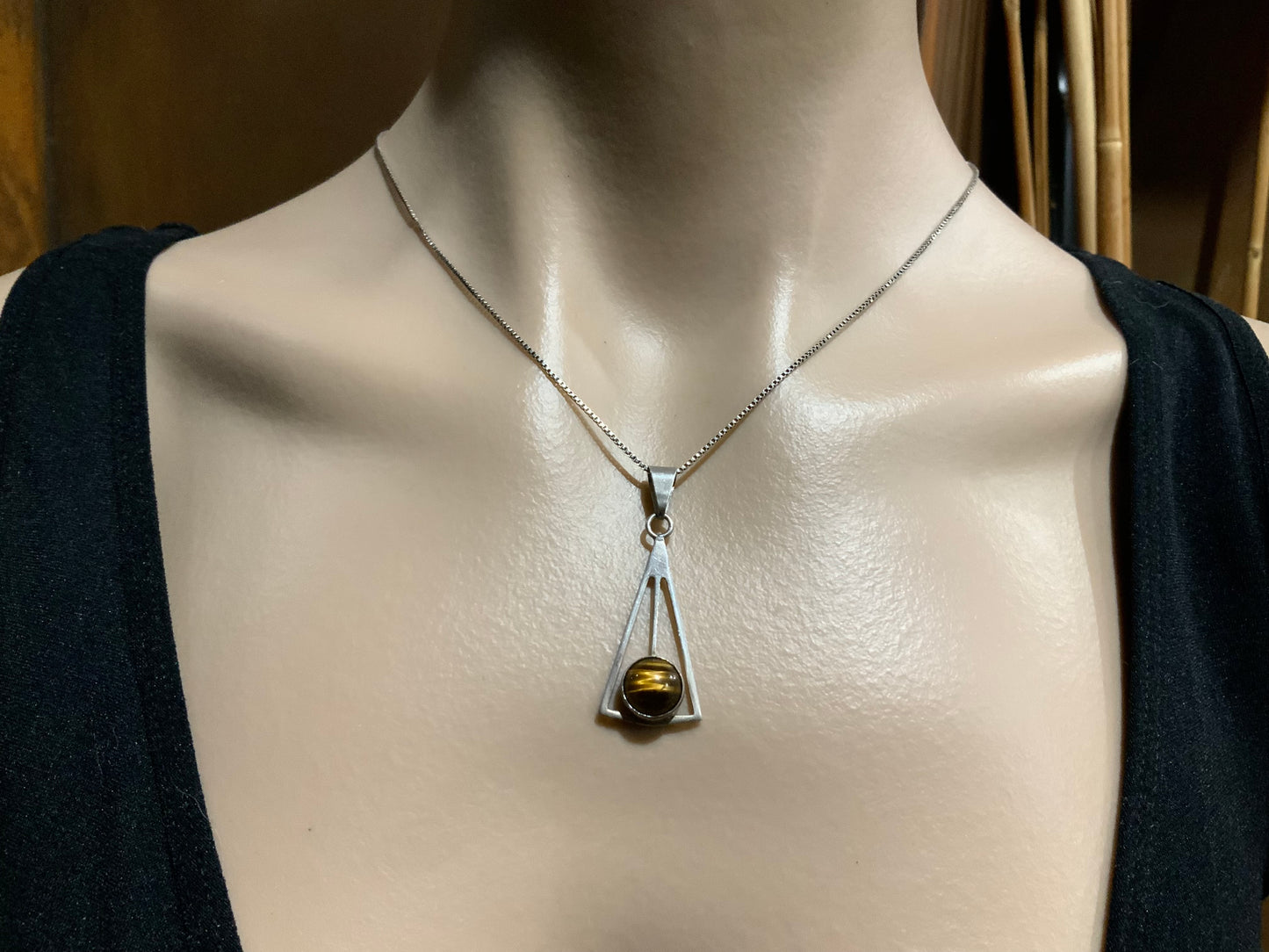 925 Sterling Silver & Tigers Eye Pendant Necklace Modernist Israel