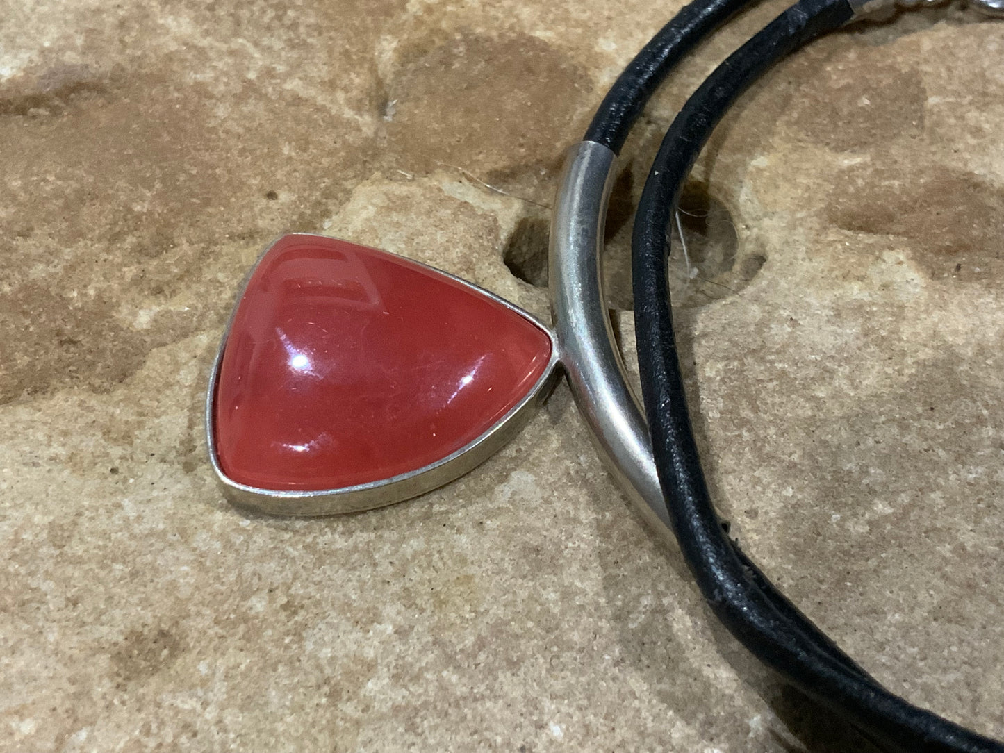 Carnelian 925 Sterling Silver Modernist Pendant Leather Necklace 43cm