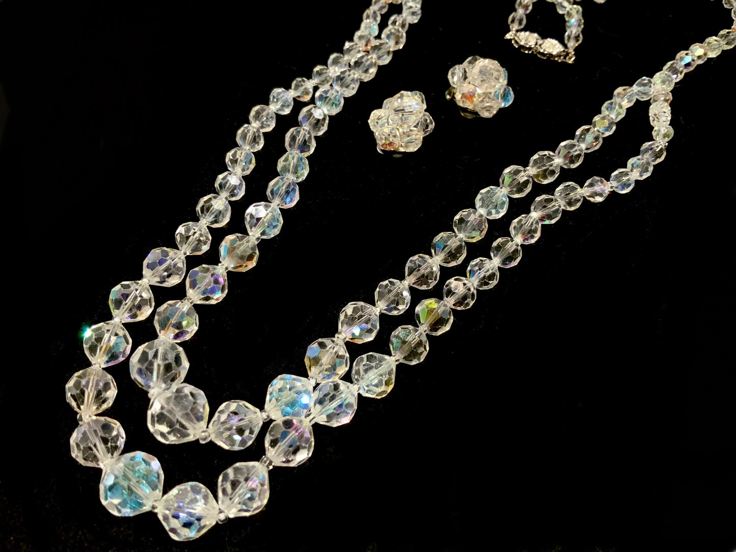 AB Crystal Necklace Opera Length & Clip Earrings