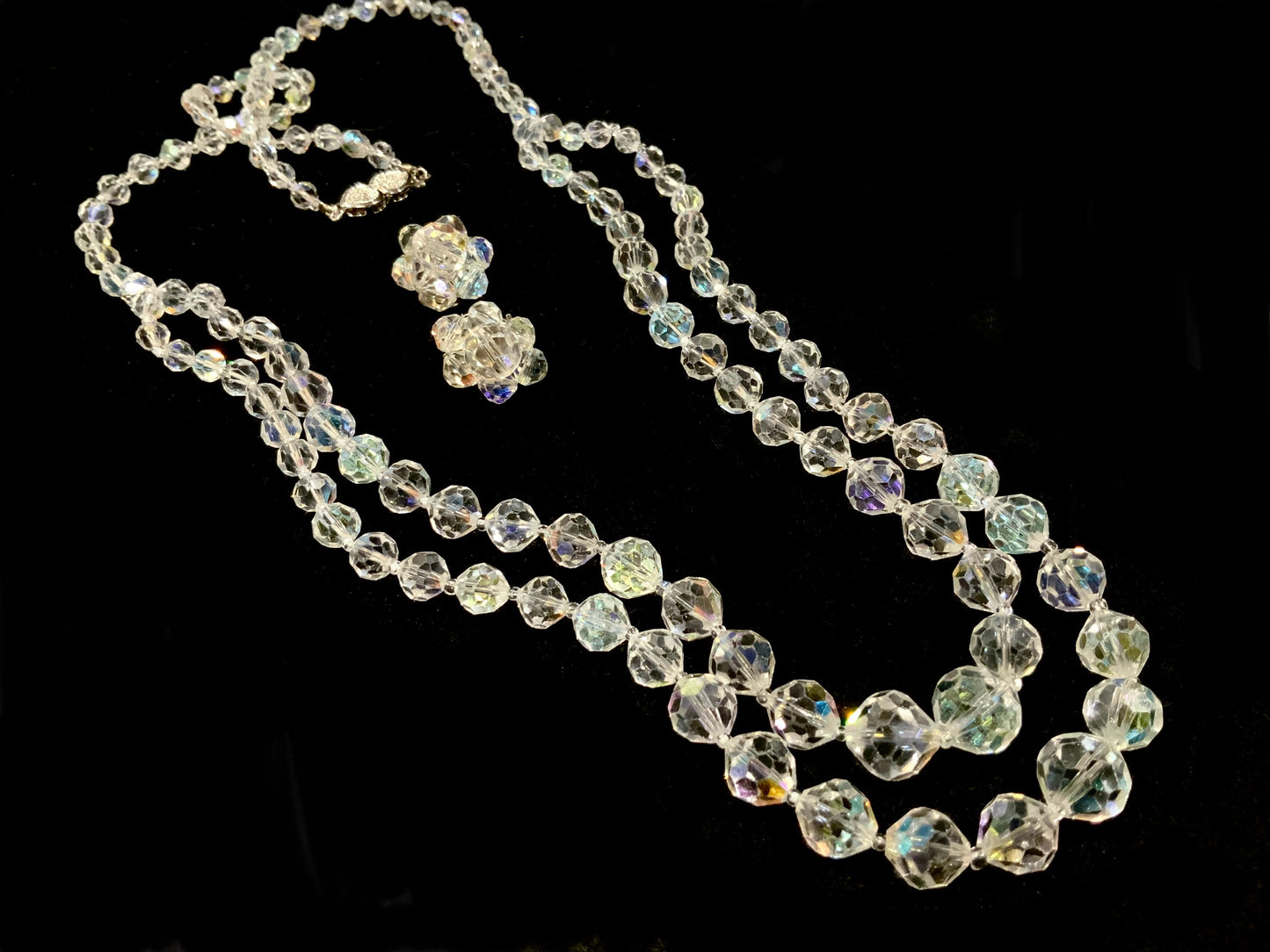 AB Crystal Necklace Opera Length & Clip Earrings