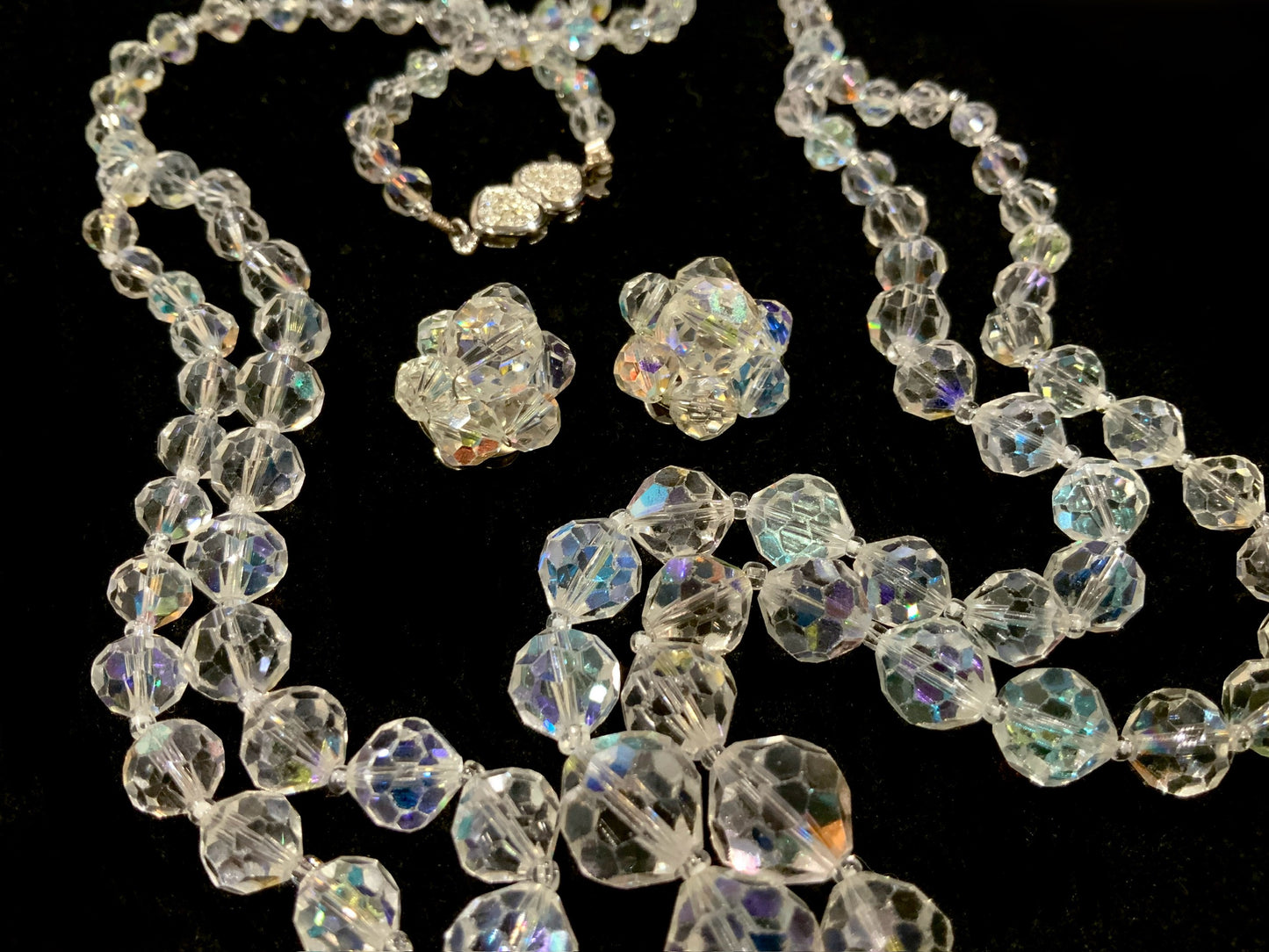 AB Crystal Necklace Opera Length & Clip Earrings