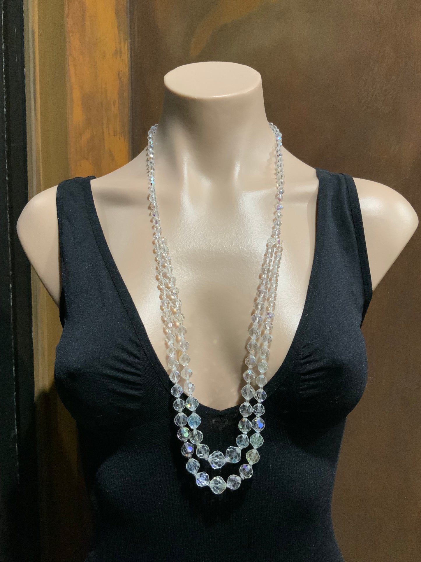 AB Crystal Necklace Opera Length & Clip Earrings