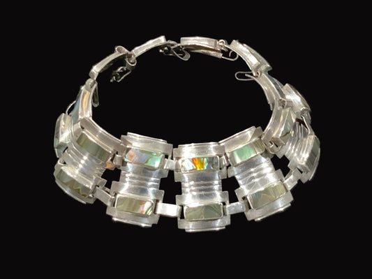 Vintage Taxco Mexico 925 Sterling Silver Paua Shell Bracelet Eagle 3