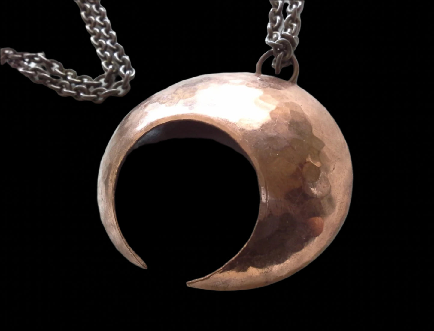 Brutalist Hammered Copper Moon Pendant Necklace