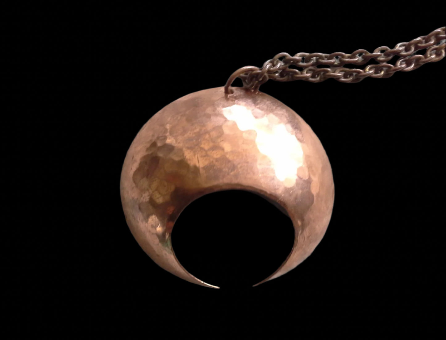 Brutalist Hammered Copper Moon Pendant Necklace