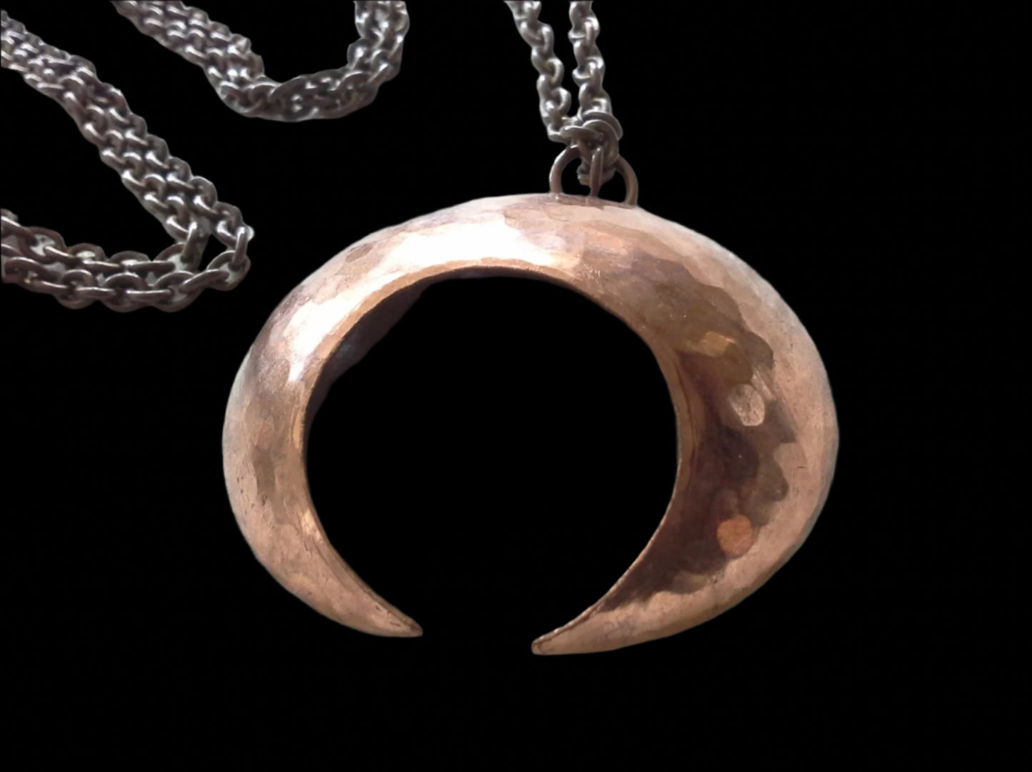 Brutalist Hammered Copper Moon Pendant Necklace
