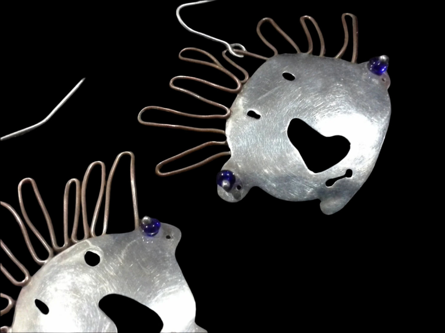 Artisan Modernist Brutalist Silver & Copper Dangle Face Earrings