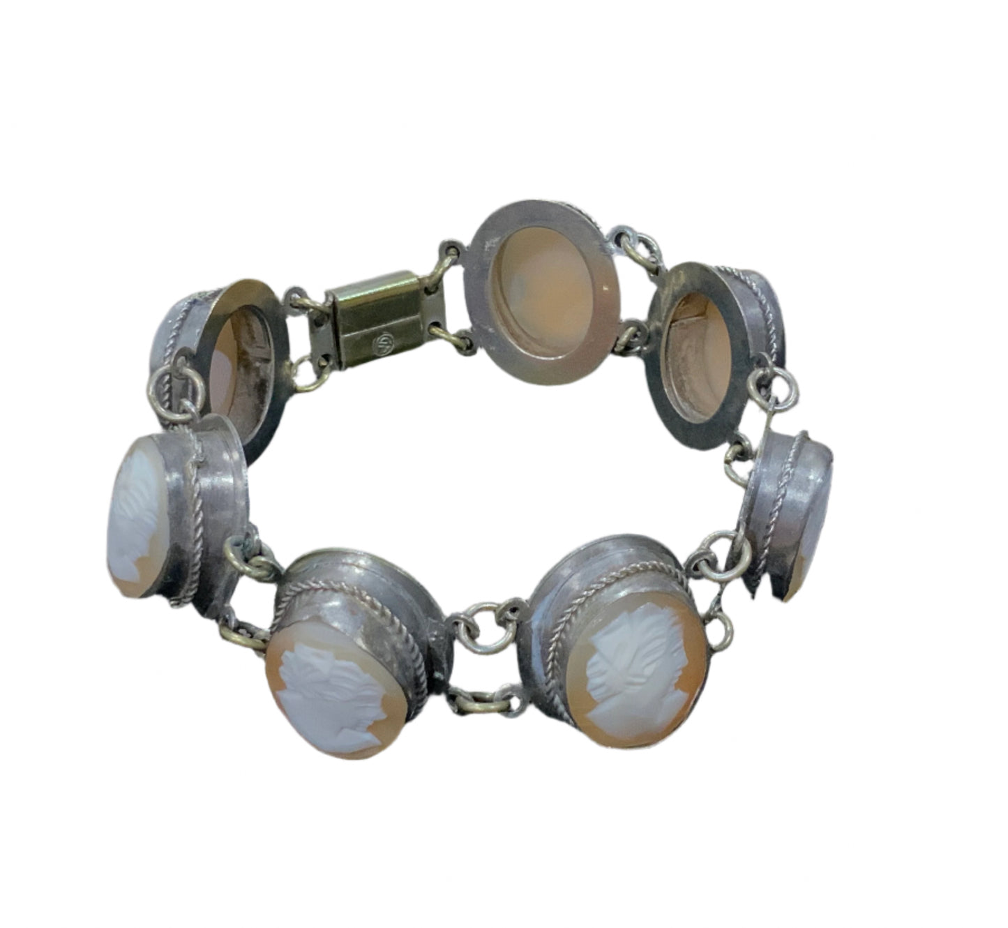Silver Handcarved Shell Cameo Bracelet Vintage Signed GM