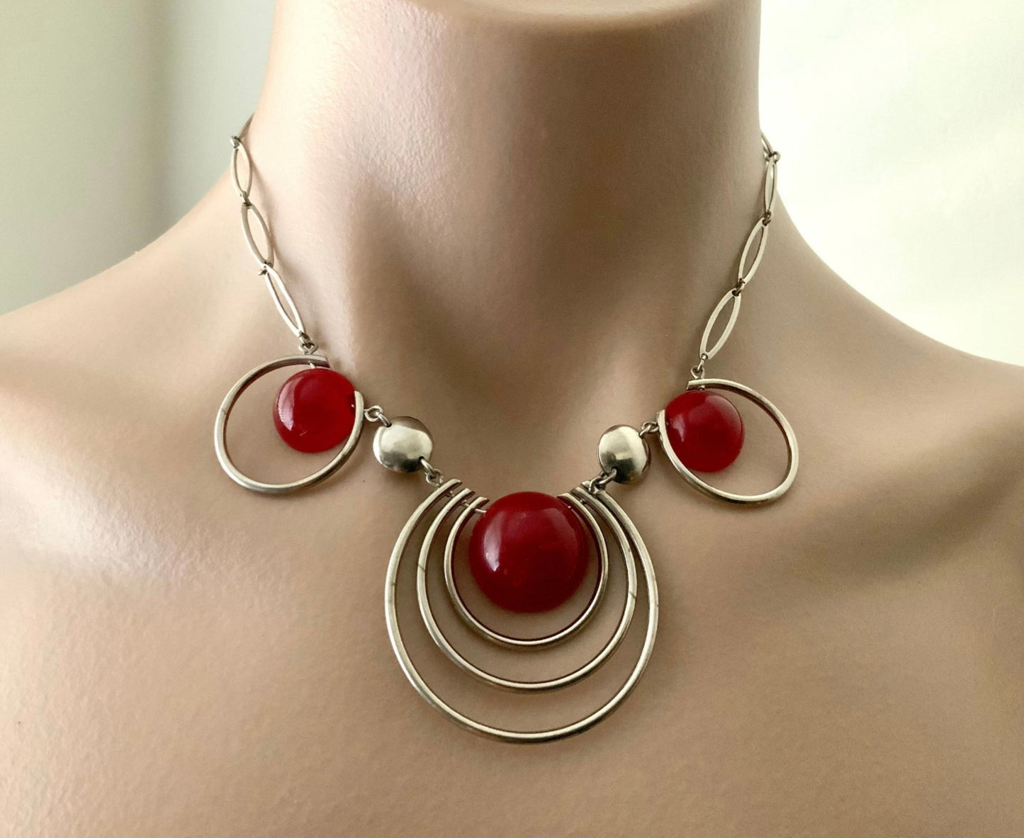 Modernist Silver & Red Lucite Necklace Stamped GERMANY Metalsilver