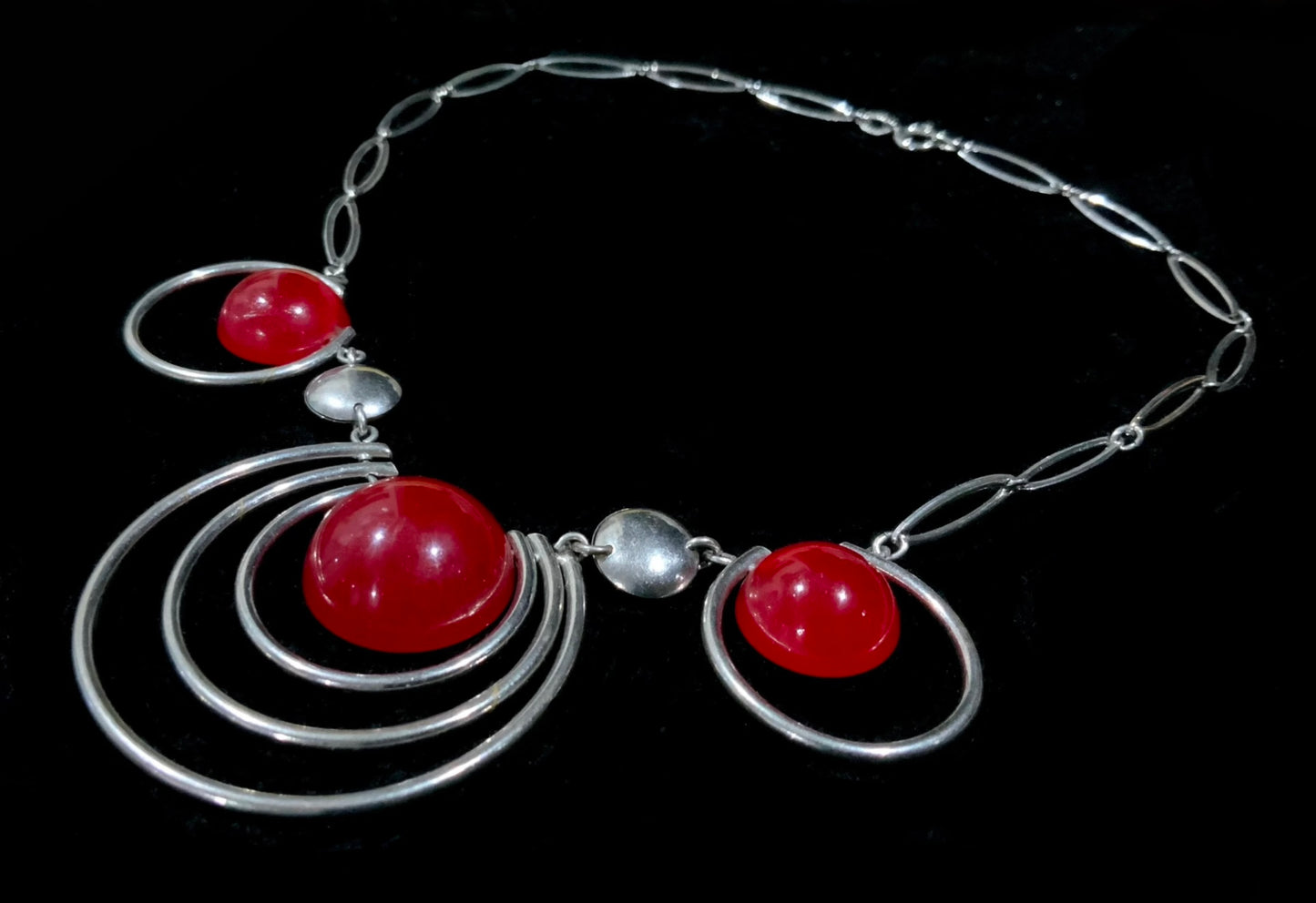 Modernist Silver & Red Lucite Necklace Stamped GERMANY Metalsilver