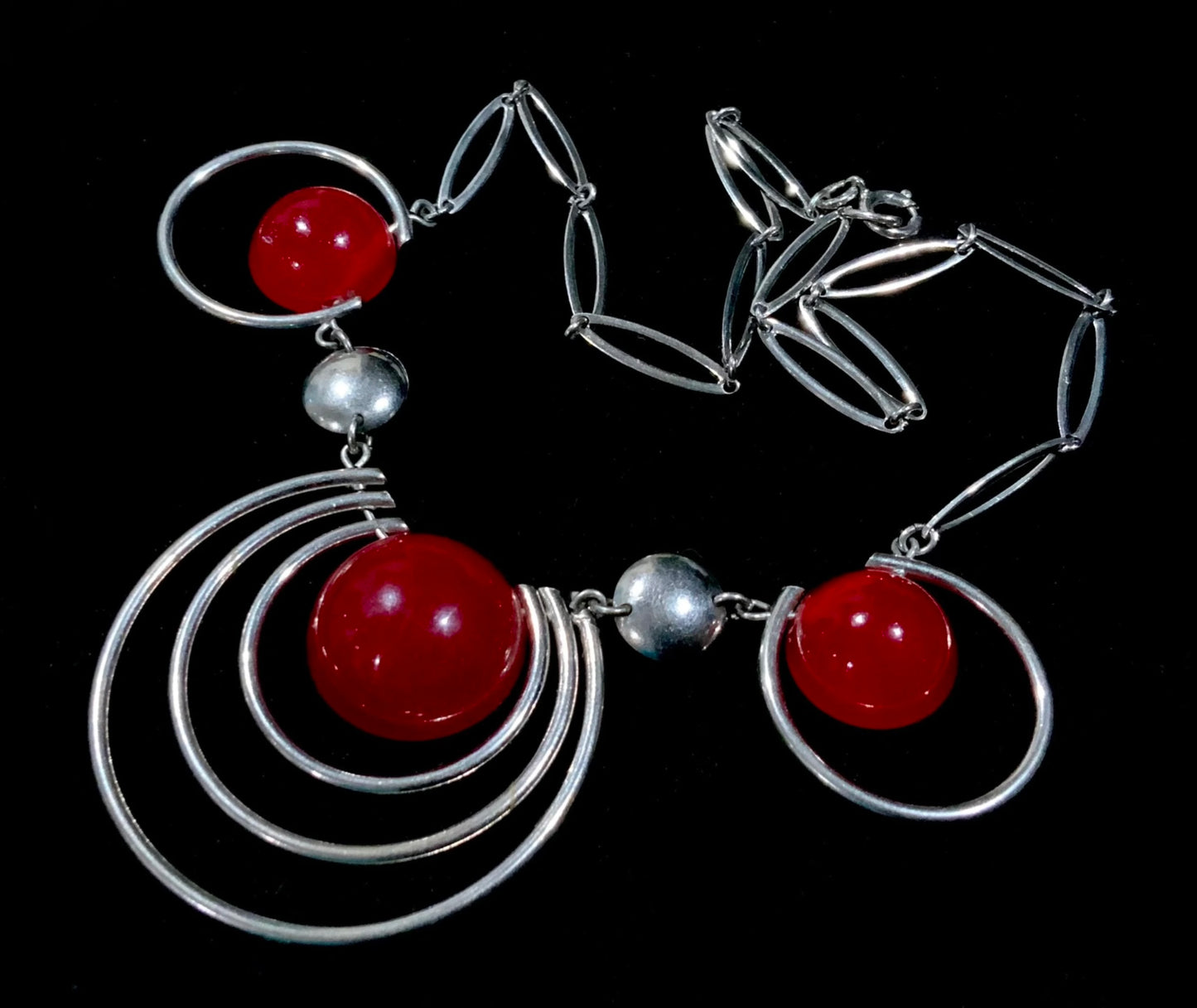 Modernist Silver & Red Lucite Necklace Stamped GERMANY Metalsilver