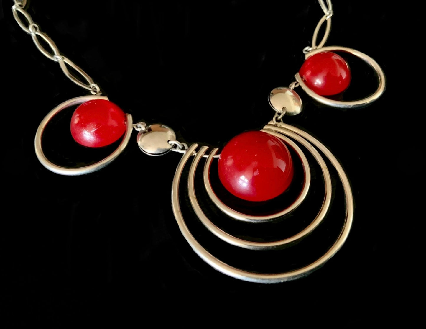 Modernist Silver & Red Lucite Necklace Stamped GERMANY Metalsilver