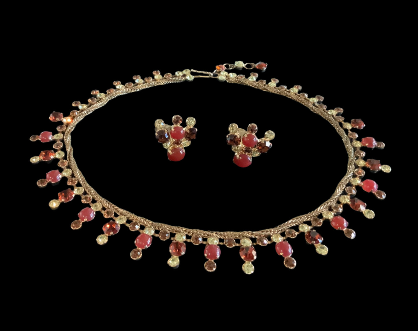 Austria Ruby Red Crystal Gold Tone Necklace & Clip Earrings Set Signed