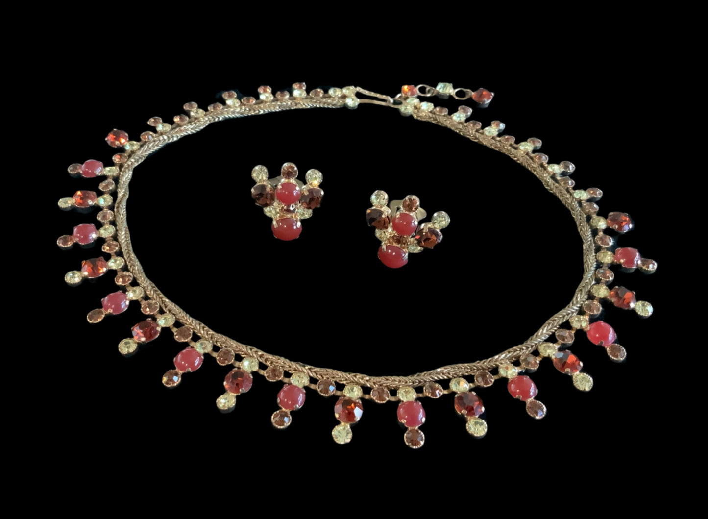 Austria Ruby Red Crystal Gold Tone Necklace & Clip Earrings Set Signed