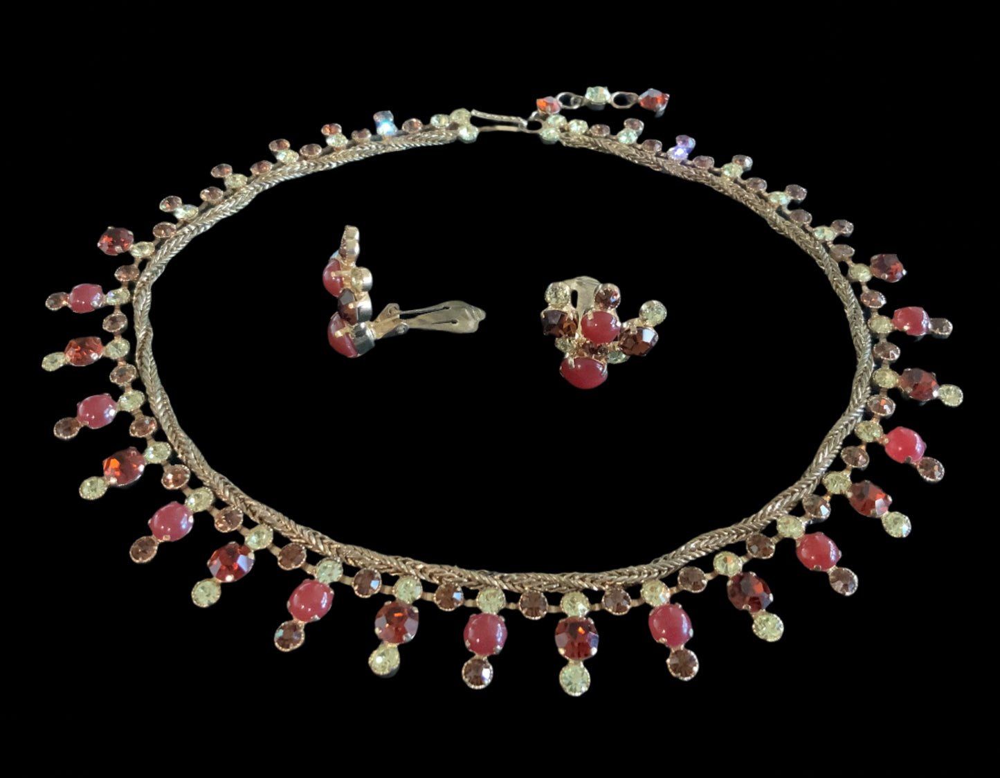 Austria Ruby Red Crystal Gold Tone Necklace & Clip Earrings Set Signed