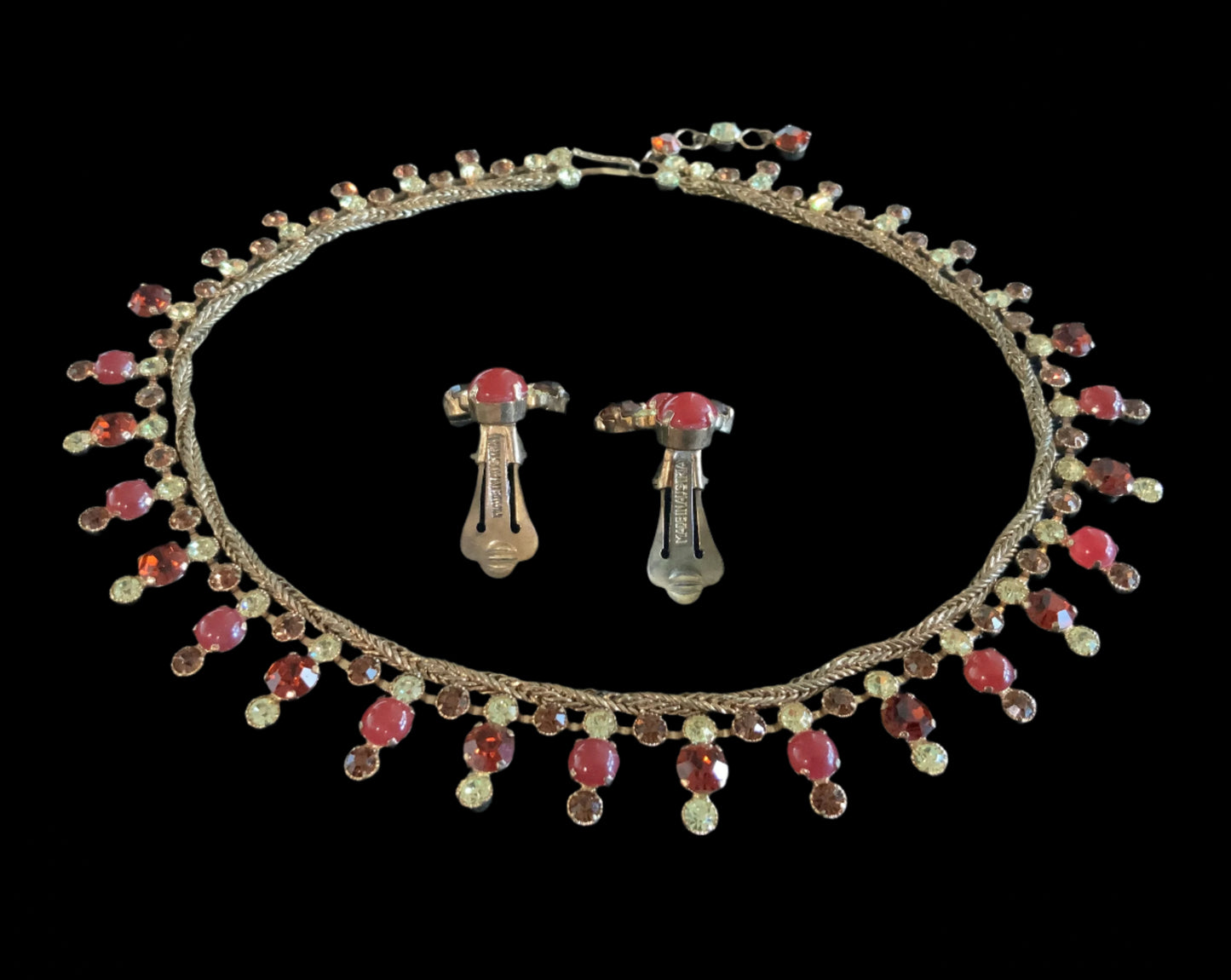 Austria Ruby Red Crystal Gold Tone Necklace & Clip Earrings Set Signed