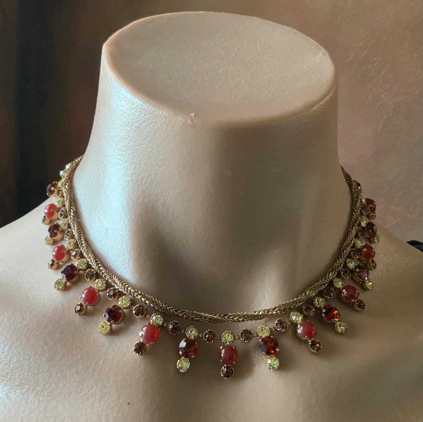 Austria Ruby Red Crystal Gold Tone Necklace & Clip Earrings Set Signed