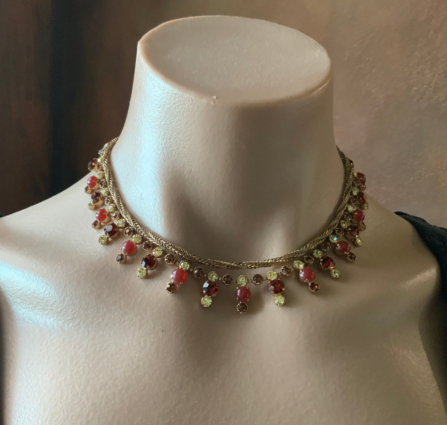 Austria Ruby Red Crystal Gold Tone Necklace & Clip Earrings Set Signed