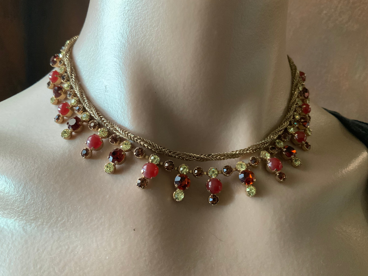 Austria Ruby Red Crystal Gold Tone Necklace & Clip Earrings Set Signed