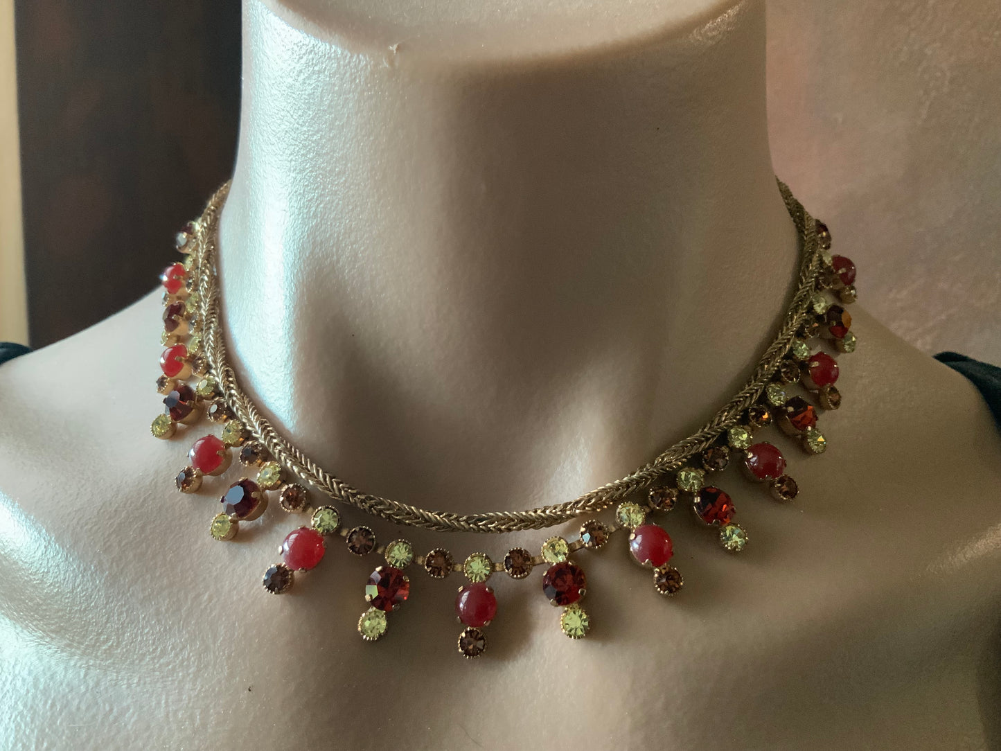 Austria Ruby Red Crystal Gold Tone Necklace & Clip Earrings Set Signed