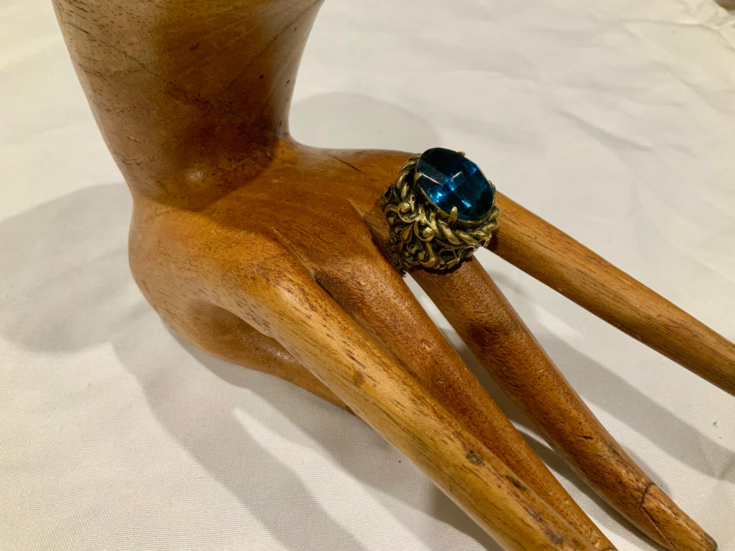Huge Ornate Brass & Sapphire Blue Czech Glass Ring Adjustable
