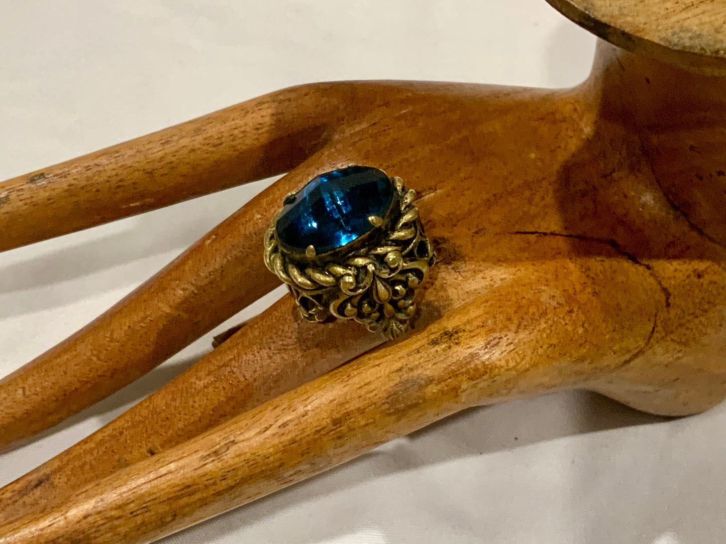 Huge Ornate Brass & Sapphire Blue Czech Glass Ring Adjustable