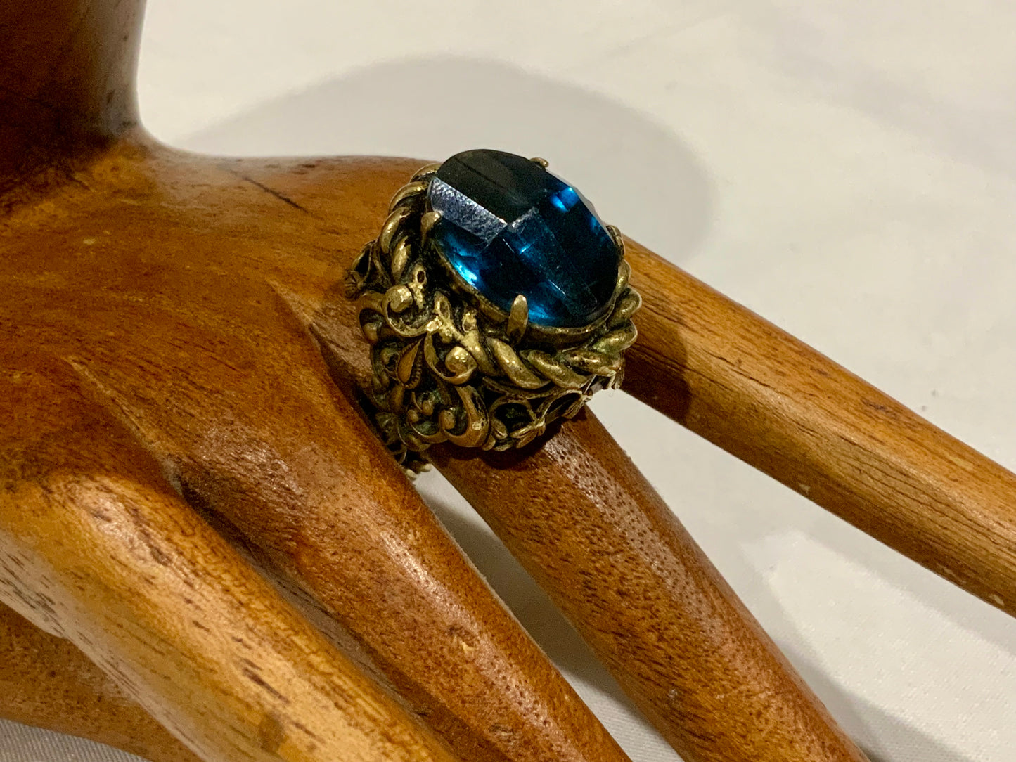 Huge Ornate Brass & Sapphire Blue Czech Glass Ring Adjustable