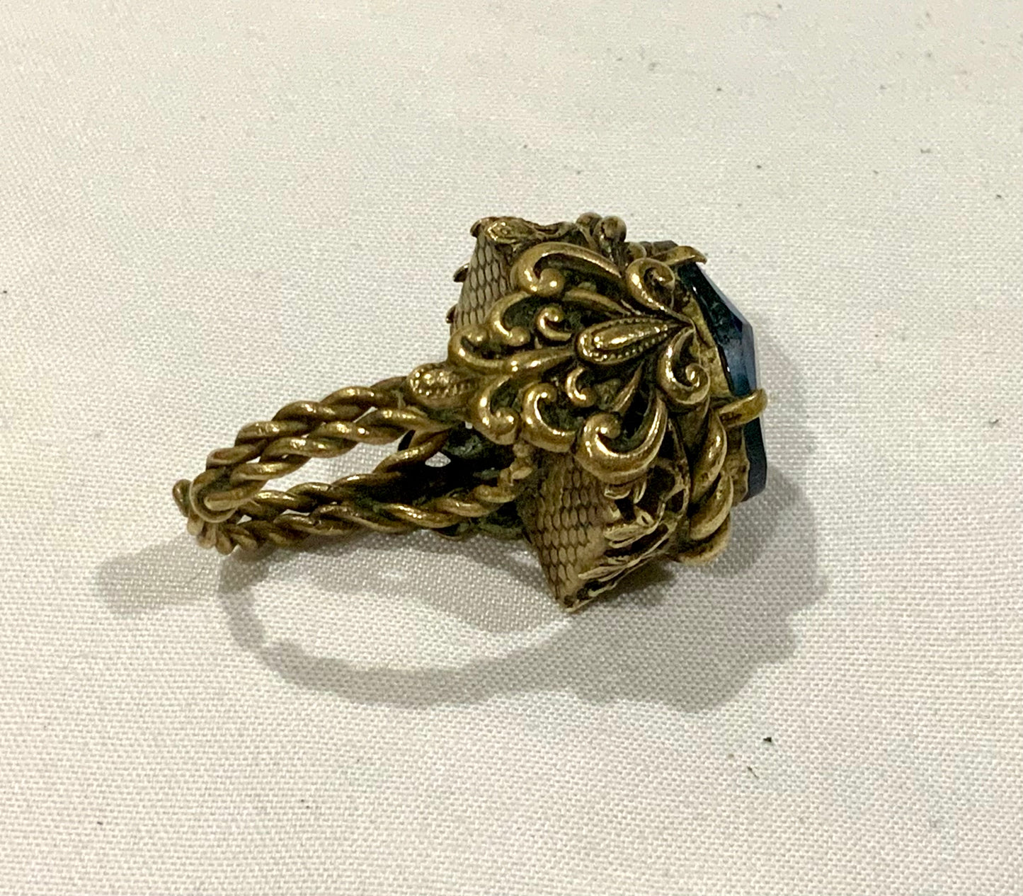 Huge Ornate Brass & Sapphire Blue Czech Glass Ring Adjustable