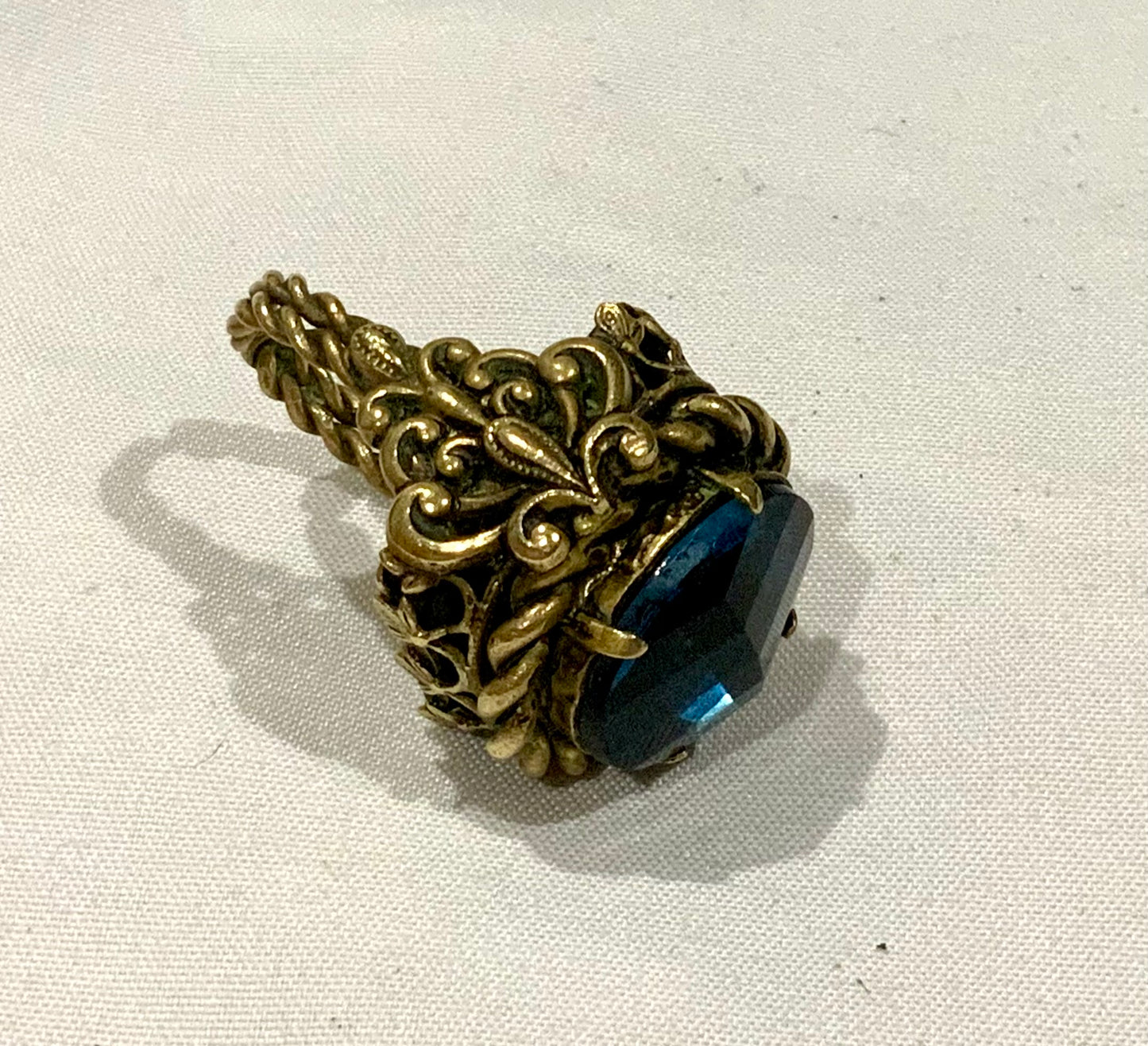 Huge Ornate Brass & Sapphire Blue Czech Glass Ring Adjustable