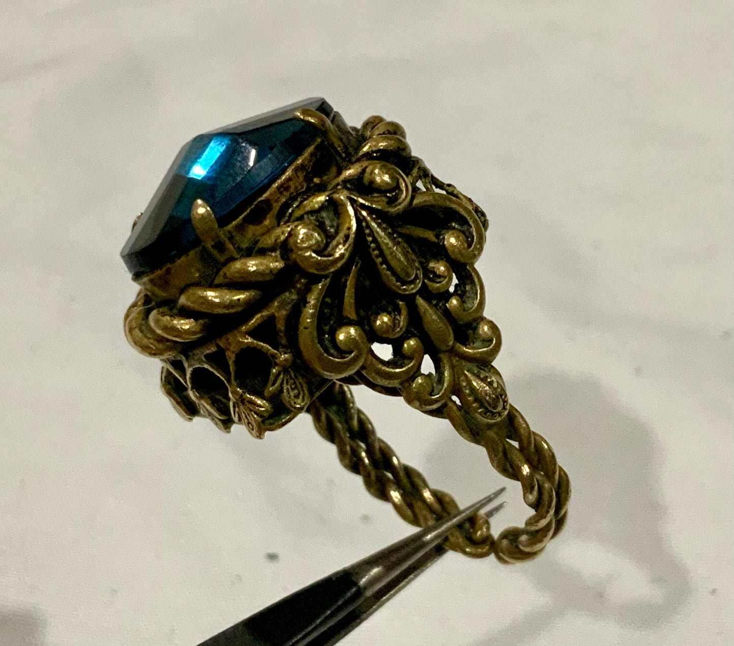 Huge Ornate Brass & Sapphire Blue Czech Glass Ring Adjustable