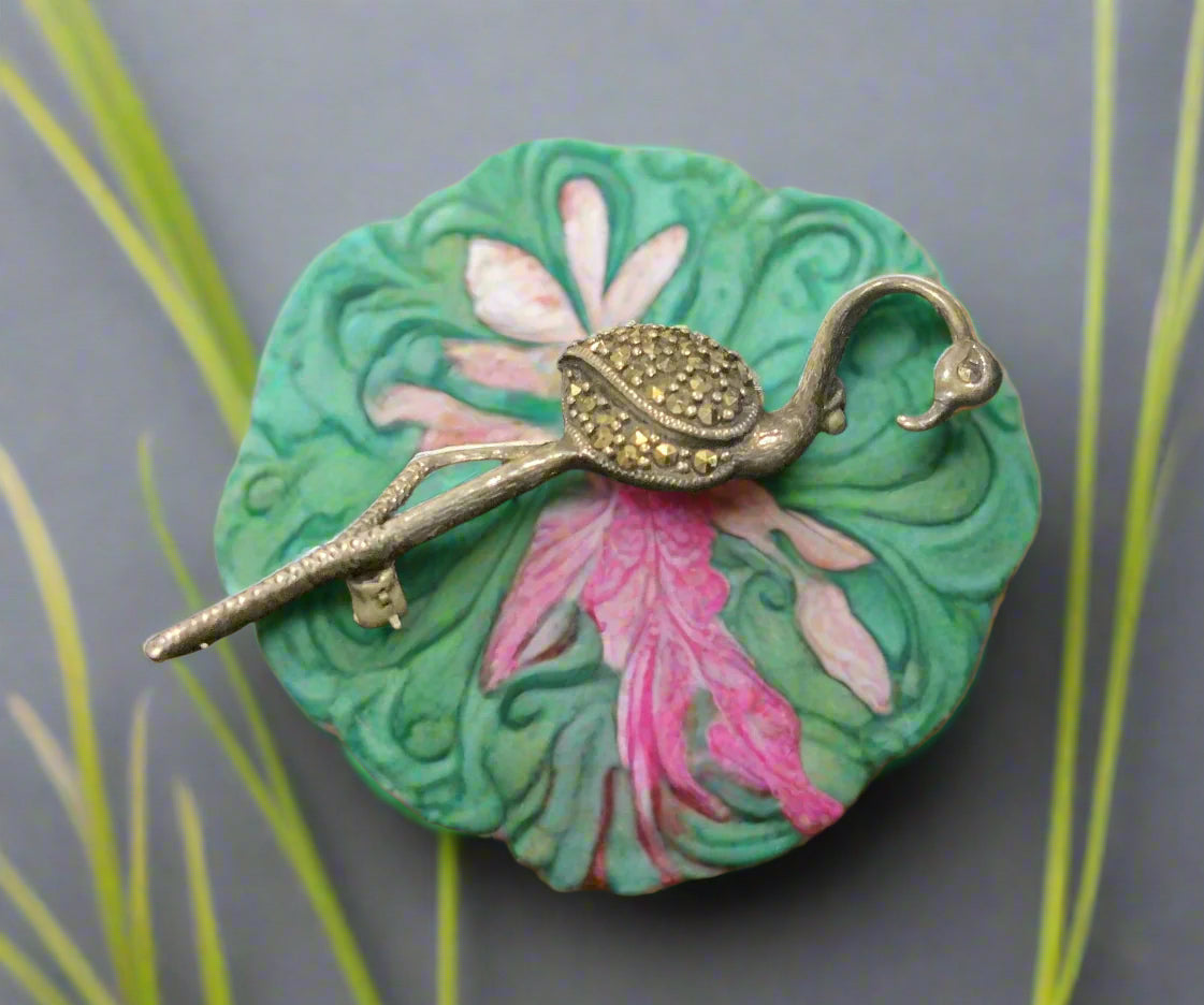 Art Deco 925 Sterling Silver Marcasite Encrusted Flamingo Brooch