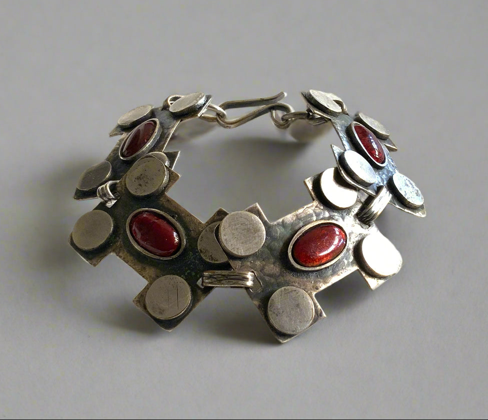 Mid Century Modern Silver Metal & Enamel Panel Link Bracelet 19cm